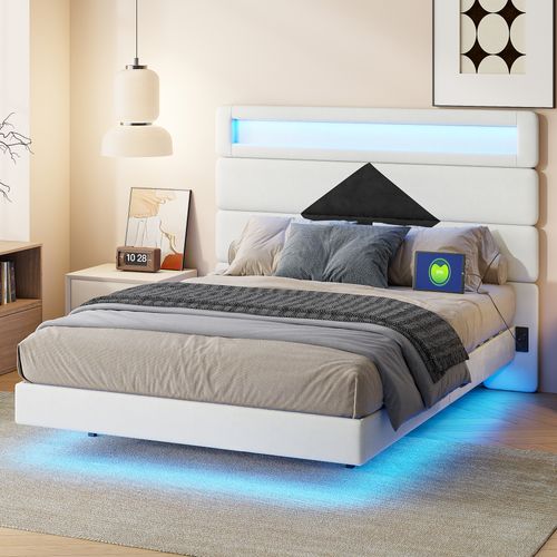 Lit Double 140 X 190 Cm, USB, LED,  Avec Sommier à Lattes,  Lit Rembourré,  Velours,  Blanc
