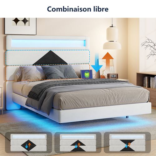 Lit Double 140 X 190 Cm, USB, LED,  Avec Sommier à Lattes,  Lit Rembourré,  Velours,  Blanc