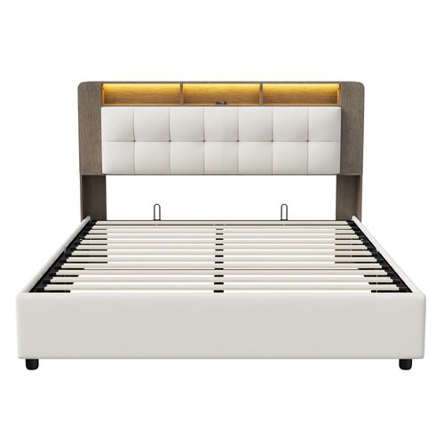 Lit 140x200 Cm Avec Sommier Et LED, Tête De Lit Avec Rangement, Lit Double Avec Rangement, Beige