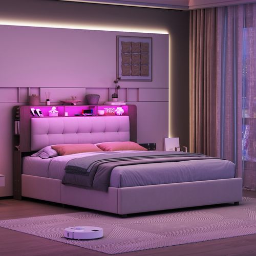 Lit 160x200 Cm Avec Sommier Et LED, Tête De Lit Avec Rangement, Lit Double Avec Rangement, Beige