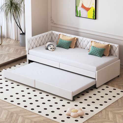 Lit Gigogne 90/180 X 200 Cm, Avec Sommier à Lattes, Beige