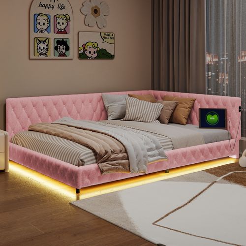 Lit Double Rembourré 140 X 200 Cm Avec LED Et Port USB, Avec Tête De Lit Et Sommier à Lattes, Rose