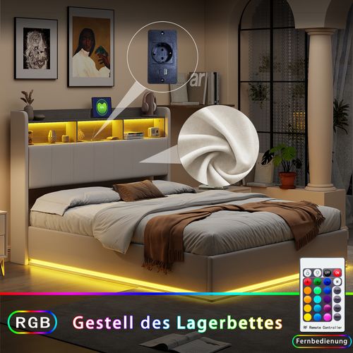 Lit Coffre 160x200 Cm Avec Prise USB Et LED, Lit Double, Cadre De Lit Avec Sommier, Velours, Blanc