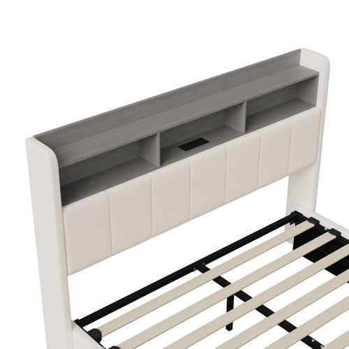 Lit Coffre 160x200 Cm Avec Prise USB Et LED, Lit Double, Cadre De Lit Avec Sommier, Velours, Blanc