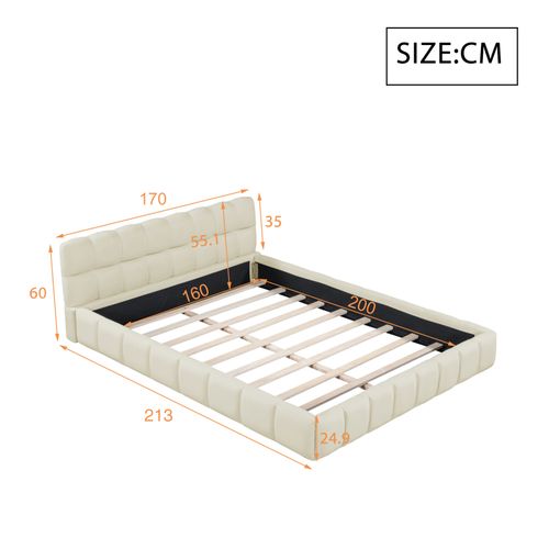 Lit Double Rembourré, à Bulles, 160 X 200 Cm, Avec Sommier à Lattes Et Dossier Souple,  Lin, Beige