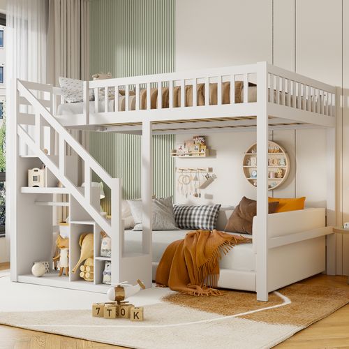 Lit Superposé 140x200 Avec Escalier,lit Pour Enfant Avec  Avec Protection Antichute, Blanc