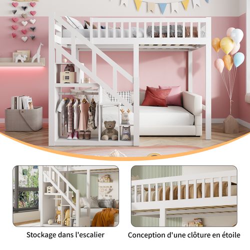 Lit Superposé 140x200 Avec Escalier,lit Pour Enfant Avec  Avec Protection Antichute, Blanc