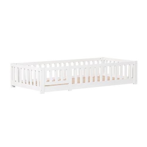 Lit Enfant 90x200 Cm, Lit De Sol Avec Clôture Et Porte, Barriere De Securite Enfant Lit, Blanc