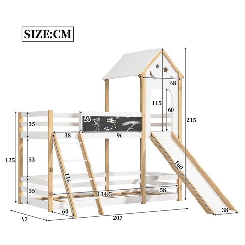 Lit Cabane 90 X 200, Superposé Mezzanine Enfant Avec Protection Anti-chute Et Toboggan, Blanc