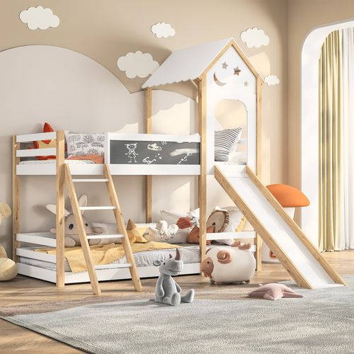 Lit Cabane 90 X 200, Superposé Mezzanine Enfant Avec Protection Anti-chute Et Toboggan, Blanc