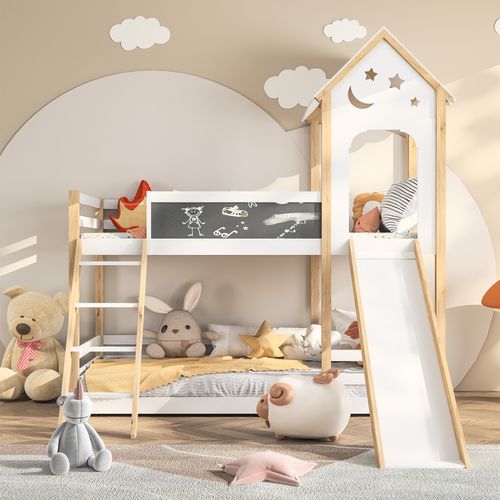 Lit Cabane 90 X 200, Superposé Mezzanine Enfant Avec Protection Anti-chute Et Toboggan, Blanc