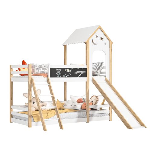 Lit Cabane 90 X 200, Superposé Mezzanine Enfant Avec Protection Anti-chute Et Toboggan, Blanc