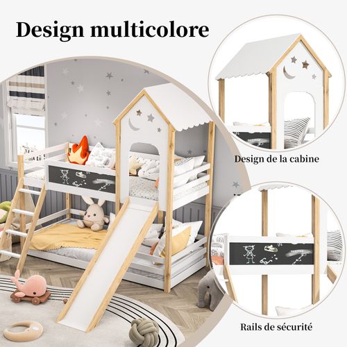 Lit Cabane 90 X 200, Superposé Mezzanine Enfant Avec Protection Anti-chute Et Toboggan, Blanc