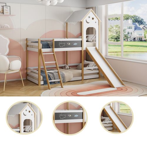 Lit Cabane 90 X 200, Superposé Mezzanine Enfant Avec Protection Anti-chute Et Toboggan, Blanc