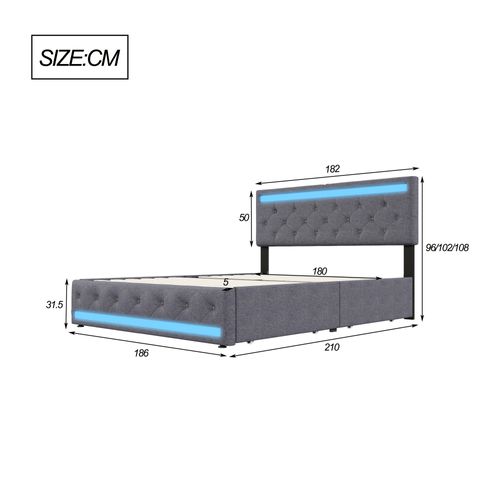 Lit 180x200 Cm Avec Sommier LED Et USB,lit Double Rembourré Avec Sommier à Lattes Et 4 Tiroirs, Gris