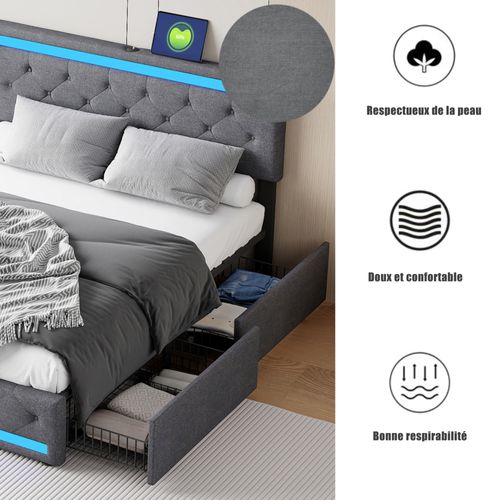 Lit 180x200 Cm Avec Sommier LED Et USB,lit Double Rembourré Avec Sommier à Lattes Et 4 Tiroirs, Gris