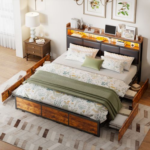 Cadre De Lit 160 X 200 Avec Sommier En Métal, Lit 2 Personnes Avec Rangement Et LED, Pu, Noir