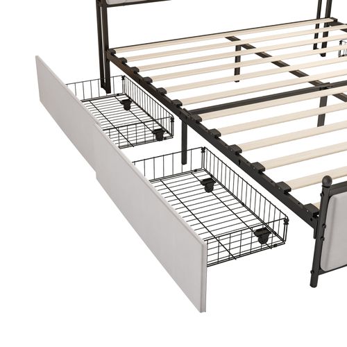 Lit 180x200 Cm Avec Sommier LED Et USB,lit Double Rembourré Avec Sommier à Lattes Et 4 Tiroirs,beige