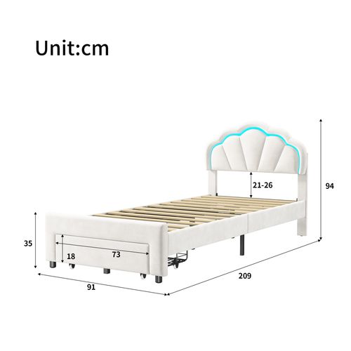 Lit Enfant Rembourré 90x200 Cm Avec Tiroir De Rangement, Avec LED Et Sommier à Lattes, Velours,blanc