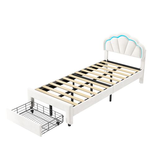 Lit Enfant Rembourré 90x200 Cm Avec Tiroir De Rangement, Avec LED Et Sommier à Lattes, Velours,blanc