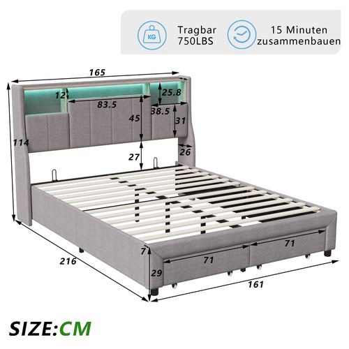 Lit Double Capitonné 160x200 Cm Avec LED Et Port USB, Lit Rembourré Avec 2 Tiroirs De Rangement,gris