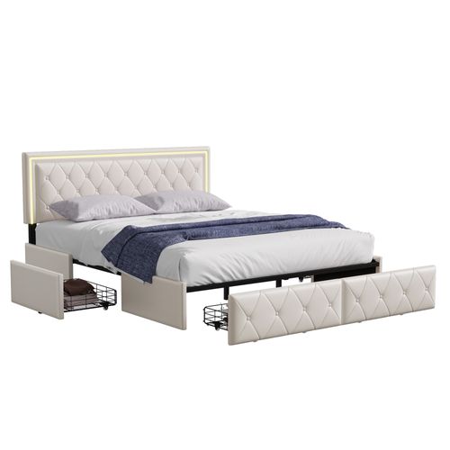 Lit Capitonné LED 160 X 200 Cm, Avec 2 Tiroirs Et Sommier à Lattes, Tête De Lit Réglable, Pu, Beige