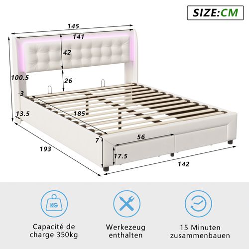Lit Coffre 140x190 Cm Avec Sommier, Lit Capitonné Avec Rangement, Lit Double Avec LED, Velours,beige
