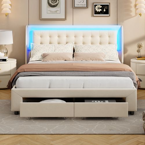 Lit Coffre 140x190 Cm Avec Sommier, Lit Capitonné Avec Rangement, Lit Double Avec LED, Velours,beige
