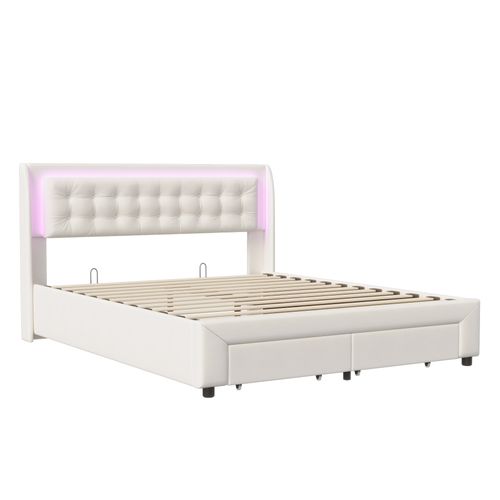 Lit Coffre 140x190 Cm Avec Sommier, Lit Capitonné Avec Rangement, Lit Double Avec LED, Velours,beige