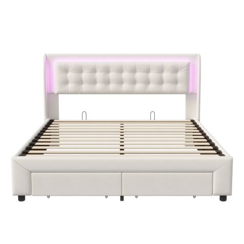 Lit Coffre 140x190 Cm Avec Sommier, Lit Capitonné Avec Rangement, Lit Double Avec LED, Velours,beige