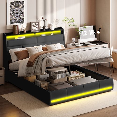 Lit Adulte 160x200 Cm, Lit Double Capitonné Avec Port USB Et éclairage LED, 4 Tiroirs, Similicuir, Gris, Sans Matelas | Leroy Merlin