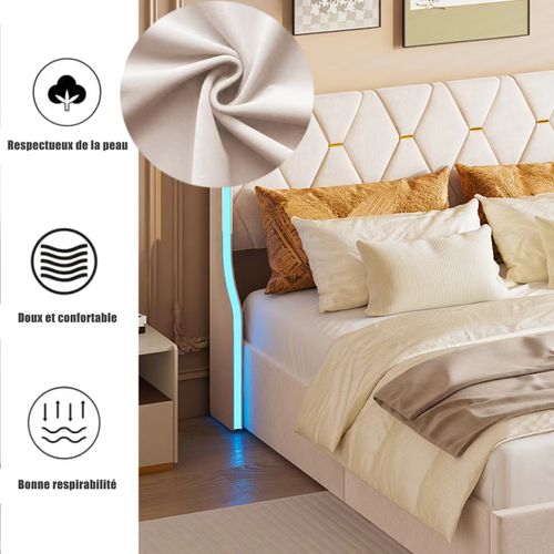Lit Rembourré 140x200 Avec LED Et Rangement, Lits Capitonné Avec Sommier à Lattes, Velours,beige