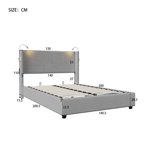 Lit Coffre 140x200 Cm,cadre De Lit Avec USB,bedframe Avec Sommier à Lattes, Velours Côtelé, Gris