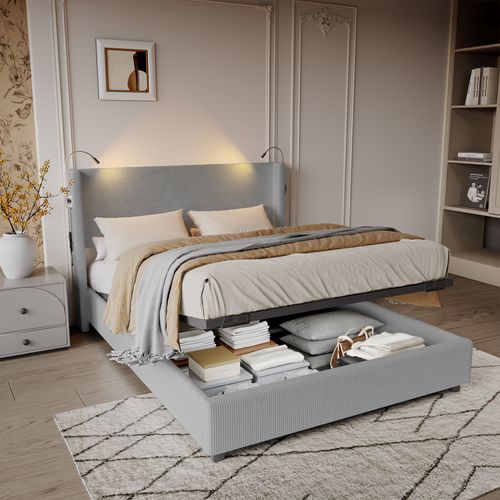Lit Coffre 140x200 Cm,cadre De Lit Avec USB,bedframe Avec Sommier à Lattes, Velours Côtelé, Gris
