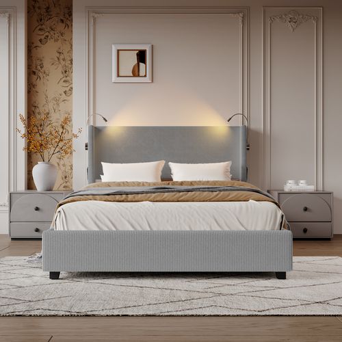 Lit Coffre 140x200 Cm,cadre De Lit Avec USB,bedframe Avec Sommier à Lattes, Velours Côtelé, Gris