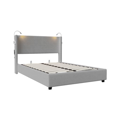 Lit Coffre 140x200 Cm,cadre De Lit Avec USB,bedframe Avec Sommier à Lattes, Velours Côtelé, Gris