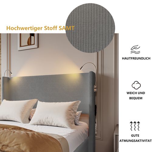 Lit Coffre 140x200 Cm,cadre De Lit Avec USB,bedframe Avec Sommier à Lattes, Velours Côtelé, Gris