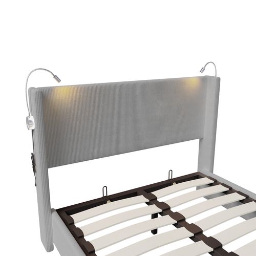 Lit Coffre 140x200 Cm,cadre De Lit Avec USB,bedframe Avec Sommier à Lattes, Velours Côtelé, Gris