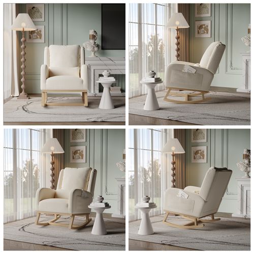 Fauteuil à Bascule Avec Base En Bois Et Dossier, Fauteuil De Relaxation Pour Salon , Lin , Beige