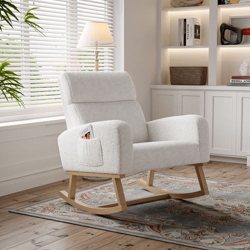 Fauteuil à Bascule En Polaire D'agneau Avec 2 Poches Latérales, Assise Large Et Confortable, Blanc