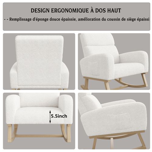 Fauteuil à Bascule En Polaire D'agneau Avec 2 Poches Latérales, Assise Large Et Confortable, Blanc