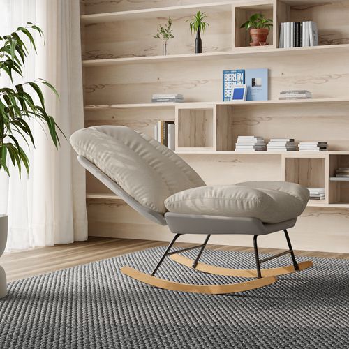 Fauteuil à Bascule Ergonomique, Avec Coussin Beige Et Structure Grise, En Tissu Lin Et Simili Cuir
