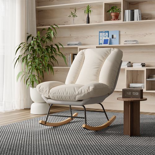 Fauteuil à Bascule Ergonomique, Avec Coussin Beige Et Structure Grise, En Tissu Lin Et Simili Cuir