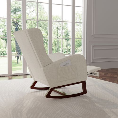 Fauteuil à Bascule Avec Repose-pieds, Pieds Antidérapants En Bois Massif, Chaise à Bascule, Beige