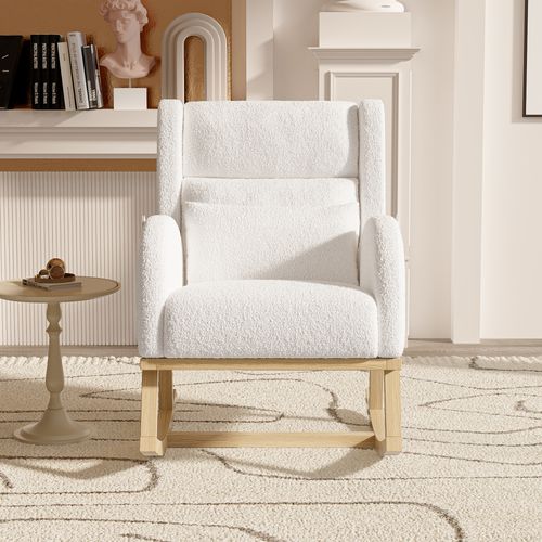 Chaise à Bascule, Avec Velours En Peluche Et Coussin Lombaire Et 2 Poches Latérales, Blanc