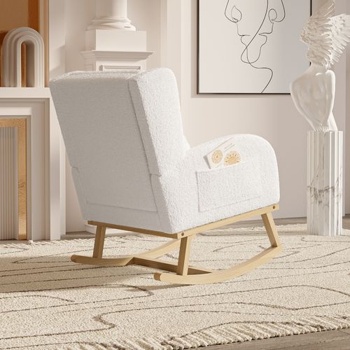 Chaise à Bascule, Avec Velours En Peluche Et Coussin Lombaire Et 2 Poches Latérales, Blanc