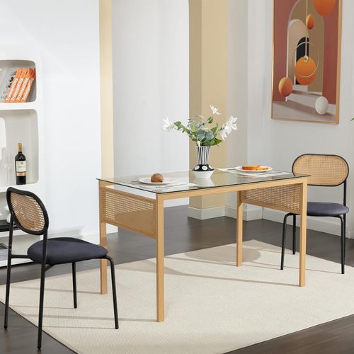 Lot De 2 Chaises De Salle à Manger En Rotin , Avec Dossier Rotin Siège Rembourré , Noir