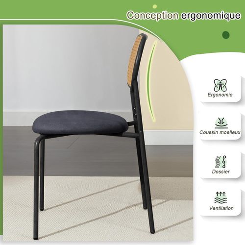 Lot De 2 Chaises De Salle à Manger En Rotin , Avec Dossier Rotin Siège Rembourré , Noir