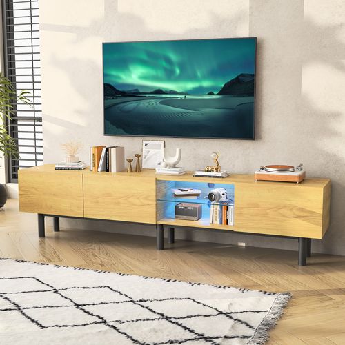 Meuble TV Moderne 175x31x41 Cm Avec LED,  Meuble TV Bois Avec Portes Et Compartiment , Noir Et Bois
