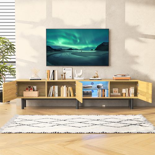 Meuble TV Moderne 175x31x41 Cm Avec LED,  Meuble TV Bois Avec Portes Et Compartiment , Noir Et Bois